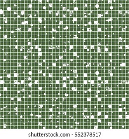 Seamless vector texture. Green Grunge checkered background with dots, attrition, cracks. Old style abstract vintage design. Graphic illustration. Series of Grunge Old Seamless Patterns