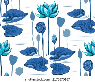 Seamless vector texture with lotus flowers, leaves and lake. Botanical pattern with blue hand-drawn water lilies on stems in a pond. Background with water lilies for fabrics and wallpapers.