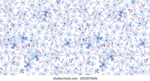 Seamless vector texture with meadow flowers and herbs. Floral template for fashion prints. Design for textile, wallpapers, wrapping, paper. Blue small flowers.