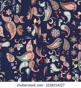 seamless vector texture multi color paisley pattern on navy background