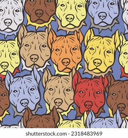 Seamless vector texture with multi-colored faces of pit bulls or amstaffs
