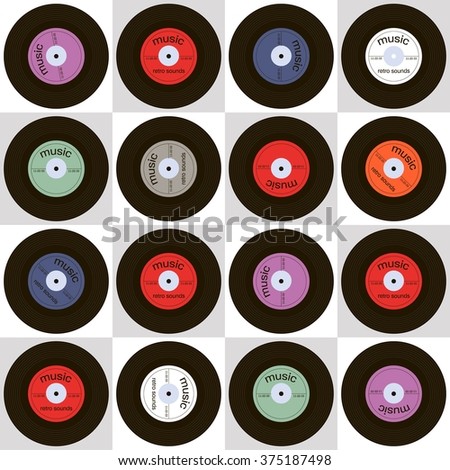 Seamless vector texture with musical plates. Disco retro pattern. Colorful vintage background