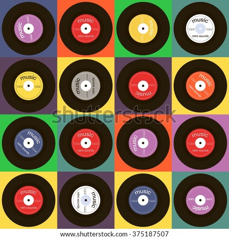 Seamless vector texture with musical plates. Disco retro pattern. Colorful vintage background