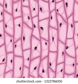 Seamless vector texture of organic cells with vacuoles and nuclei, pink hue
