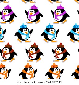 Seamless vector texture with penguins on skis. Vector pattern with cute little penguins 
skating.