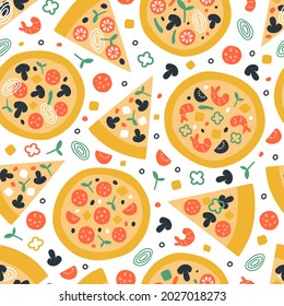 Textura vectorial sin foco con pizzas e ingredientes. Tomate, queso, tocino, gambas, pimienta, cebolla, piña, salami. El concepto de restaurante de la carta de comida con elementos sabrosos