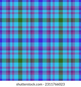 Seamless vector texture of plaid pattern check with a textile tartan background fabric in cyan and violet colors.