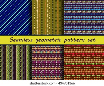 Seamless vector texture set. African style. Seamless pattern collection. thnic seamless backdrop. Striped vintage boho fashion style pattern background with tribal shape elements.