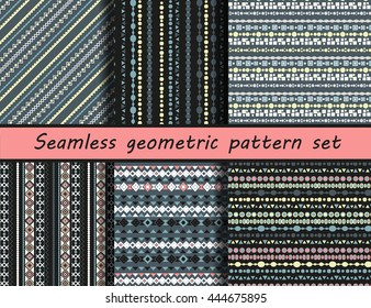 Seamless vector texture set. African style. Seamless pattern collection. thnic seamless backdrop. Striped vintage boho fashion style pattern background with tribal shape elements.