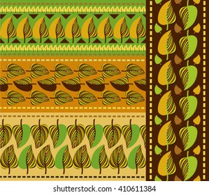 Seamless vector  texture set. Nature seamless pattern. Vintage ethnic seamless backdrop. Boho stripes. Stock vector. Ornament with leaves