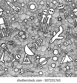 Seamless vector texture spiral line. Space travel, fantasy, UFO, planets, circles. pattern illustration