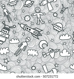 Seamless vector texture spiral line. Space travel, fantasy, UFO, planets, circles. pattern illustration