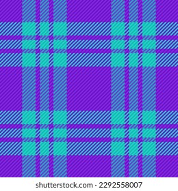 Seamless vector texture. Textile check background. Plaid pattern fabric tartan in cyan and purple colors.