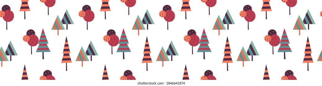 Seamless vector texture with trees in trendy colors. Endless pattern on a white background in Scandinavian style. Horizontal format.