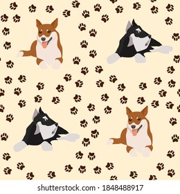 Seamless vector texture for trendy prints. The animal pattern is scattered at random. Vector illustration of miniature schnauzer dog, welsh corgi and paw prints.