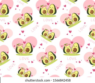 Seamless vector texture for valentines day.A pair of avocado lovers gently green with pink flowers, hearts.Vegetarian wallpaper,packaging,textiles, holiday print of love.Isolated on a white background