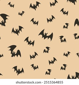 Seamless vector texture of various flying bat shapes. Different minimalistic black bats isolated on pastel orange background