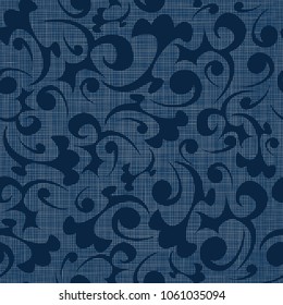 Seamless vector texture. Vintage pattern with dark blue twisted elements on a jeans blue background. Elegant pattern for fashion prints. Wallpaper. Tile. Ornament for the fabric. Gift paper.