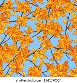 Seamless vector texture of yellow and orange autumn tree foliage with branches against the sky