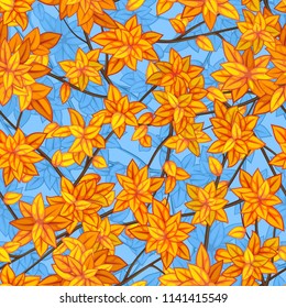 Seamless vector texture of yellow and orange autumn tree foliage with branches against blue sky