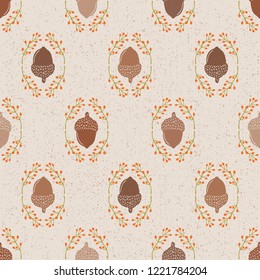 Seamless Vector Textured Acorn Damask & Rosehip Foliage in Shades of Brown, Orange, & Green. Great for Thanksgiving, seasonal decor, invitations, backgrounds, fall, autumn, fabric, textiles, wallpaper