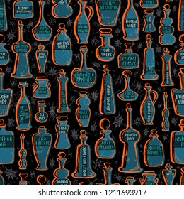 Seamless Vector Textured Glass Potion Bottles in Teal, Blue Gray, and Orange on Black Background with Spiders and Webs. Great for parties, stationery, scrapbooking, textile, apparel, and home decor.