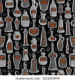 Seamless Vector Textured Glass Potion Bottles in White, Gray, and Orange on Black Background with Spiders and Webs. Great for parties, stationery, scrapbooking, textile, apparel, and home decor.