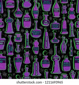 Seamless Vector Textured Glass Potion Bottles in Magenta, Lime, Turquoise, and Gray on Black Background with Spiders and Webs. Great for stationery, scrapbooking, textile, apparel, and home decor.