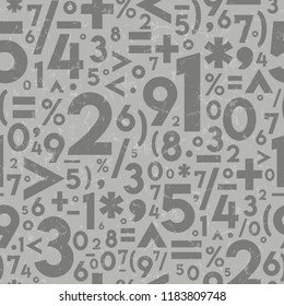 Seamless Vector Textured Math Operation Symbols and Numbers in Light and Dark Warm Gray. Great for baby, kids, teachers, students, wallpaper, backgrounds, fabric, scrapbooking, gifts, and home decor.
