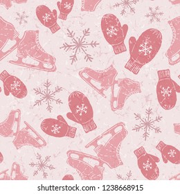 Seamless Vector Textured Mittens, Ice Skates, + Snowflake Pattern in Rosy Pink, White + Blush. Great for winter projects, crafts, scrapbooking, backgrounds, wallpaper, gift wrap, textiles, home decor.