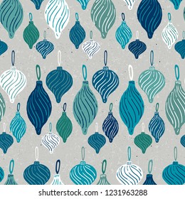 Seamless Vector Textured Retro Holiday Christmas Tree Ornaments in Blue, Teal, Turquoise, and Gray. Great for backgrounds, fabric, paper crafting, gifts, wrapping paper, scrapbooking, paper crafting.