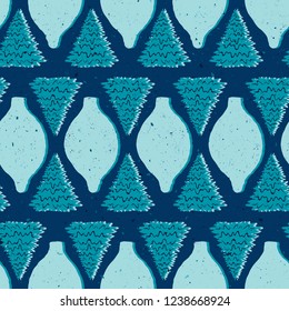 Seamless Vector Textured Woodland Christmas Tree Geometric Ornament Shadow in Blue + Turquoise. Great for holidays, backgrounds, wrapping paper, crafts, fabric, home decor, Christmas projects.