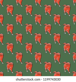 Seamless vector thanksgiving pattern with grilled turkey on green background. Hand-drawn roasted turkey for Thanksgiving day. Domectic poultry for dinner.