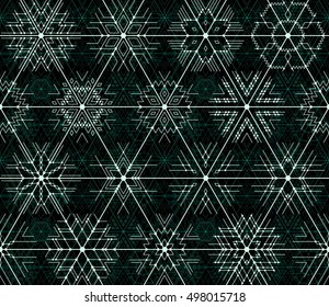 Seamless vector thin line geometric pattern of snowflakes with the points at the intersections. The image of the chip, technologies. Neon blue lines on a black background.