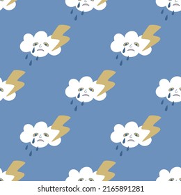 Seamless vector thunderstorm and rain pattern. Illustration of cloud with face. Background for design, fabric, textile, cover, wrapping.