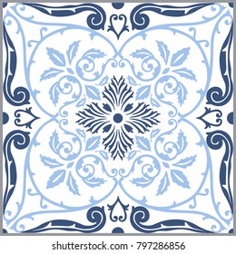 Seamless vector tile pattern with blue floral mosaic in old style
