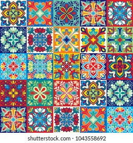 Seamless Vector Tile Pattern. Colorful Lisbon, Mediterranean Floral Ornament Pattern. Square Flower Mosaic. Arabic, Turkish, Pakistan, Moroccan, Portuguese Motifs Vector