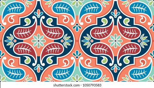 Seamless vector tile pattern. Colorful lisbon, mediterranean floral ornament pattern. Flower mosaic. Arabic, Turkish, Pakistan, Moroccan, Portuguese motifs.