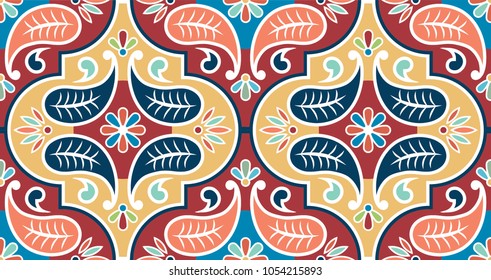Seamless vector tile pattern. Colorful lisbon, mediterranean floral ornament pattern. Flower mosaic. Arabic, Turkish, Pakistan, Moroccan, Portuguese motifs.