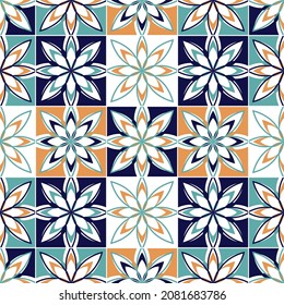 Seamless vector tile pattern. Colorful lisbon, mediterranean floral ornament pattern. Square flower mosaic. Arabic, Turkish, Pakistan, Moroccan, Portuguese motifs vector