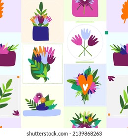 Seamless vector tile pattern. Ornament with flowers, leaves, hearts, gifts, boxes. Square mosaic. Great for wrapping paper, textile and wallpaper