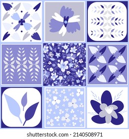 Seamless vector tile pattern. Square mosaic. Ornament with flowers, leaves and other plants. Can be used for wallpaper, background, surface textures, wrapping paper, textile, wallpaper 