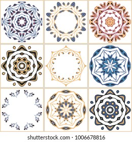 Seamless vector tiles pattern. Colorful Lisbon, Mediterranean floral ornament tile pattern. Square flower mosaic. Arabic, Indian, Turkish, Pakistan, Moroccan, Portuguese Ottoman motifs. Azulejo.