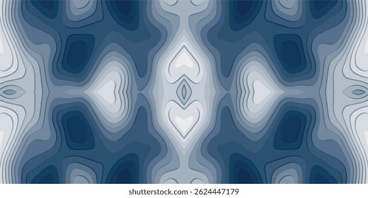 Fundo topográfico vetorial contínuo em estilo de corte de papel com formas de coração e tons azuis. Ideal para padrões, papéis de parede modernos e desenhos de mapas abstratos.