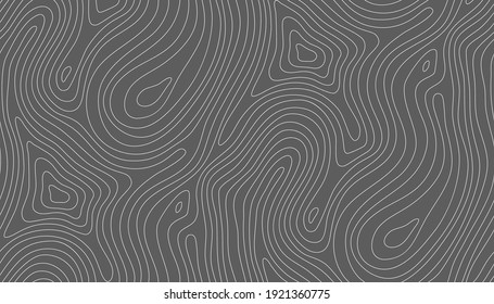 Seamless vector topographic map background white on dark. Line topography map seamless pattern. Mountain hiking trail over terrain. Contour background geographic grid.