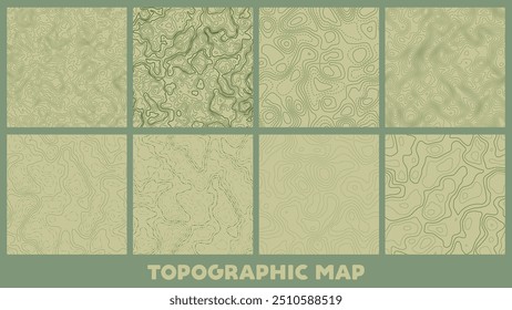 Gráfico de mapa topográfico de Vector sin costuras. Líneas entrelazadas que representan la topografía. Curvando rutas de senderismo a través de terreno accidentado. Fondo de líneas de contorno formadas por una cuadrícula geográfica.