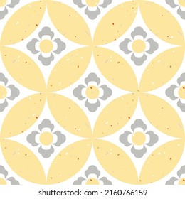 Seamless vector traditional Asian pattern with gray flowers on a yellow speckled background