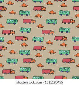 A seamless vector transportation themed vetor pattern with trucks cars and buses. Surface print design.