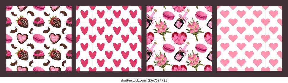 Seamless vector trendy pattern for St. Valentine's Day. Cute hearts, sweets, champagne, bow, gifts. Design for wrapping paper,  home decor, packaging, background, fabric, textile