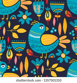 Seamless vector tribal pattern with cute bird and flowers in a flat style. Vintage summer colorful ethnic illustration. Decorative animal poster.